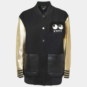 Fendi Black Wool & Gold Leather Sleeve Bomber Jacket M