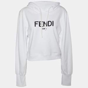 Fendi White Logo Embroidered Cotton Knit Cropped Hoodie L