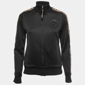 Pre Owned Fendi Black Jersey Logo Stripe Detail Zip-Up Jacket S