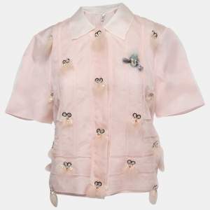 Pre Owned Fendi Pink Embellished Silk Contrast Collar Shirt M