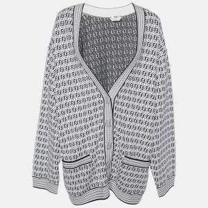 Pre Owned Fendi Moochrome Zucca Pattern Knit Oversized Cardigan XL