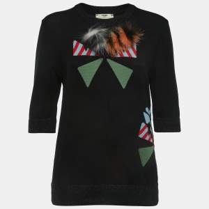 Fendi Black Patterned Wool Fur Detailed Crew Neck Sweater M