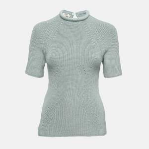 Pre Owned Fendi Mint Blue Knit High Neck Half Sleeve T-Shirt M