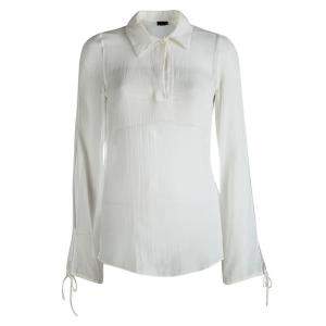 Pre Owned Fendi White Cotton Long Sleeve Tie Detail Sheer Blouse M