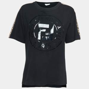 Pre Owned Fendi Black Logo Print Tape Detailed Half Sleeve T-Shirt S