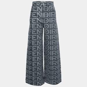 Fendi Grey Logo Embossed Denim High Waist Wide Leg Jeans XS Waist 26"