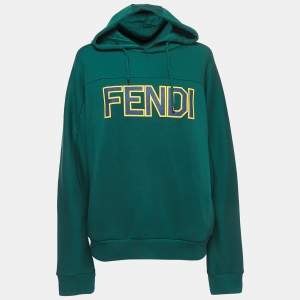 Fendi Dark Green Logo Print Cotton Blend Knit Hooded Sweatshirt L