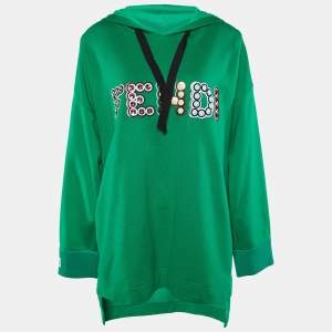 Pre Owned Fendi Green Cotton Jersey Studded Logo Hoodie L