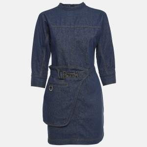 Pre Owned Fendi Blue Denim Crew Neck Belted Mini Dress S