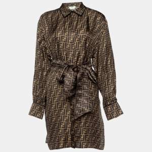 Pre Owned Fendi Brown FF Print Silk Belted Button Front Shirt Dress M