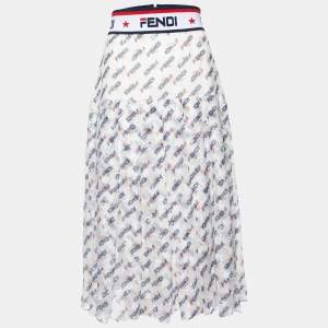 Fendi X Fila White Fendimania Print Silk Pleated Midi Skirt M