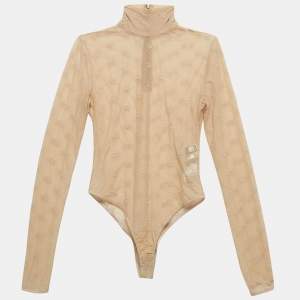 Fendi Beige Logo Embroidered Mesh Bodysuit S