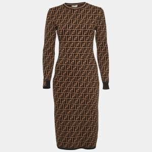 Pre Owned Fendi Brown Logo Intarsia Knit Midi Dress S