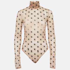 Fendi Beige FF Embroidered Stretch Tulle Turtle Neck Bodysuit L