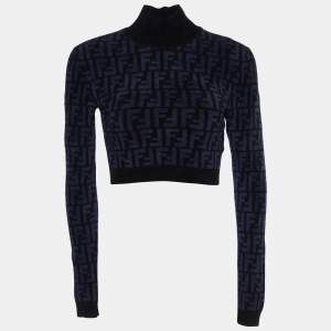 Fendi Navy Blue/Black FF Monogram Knit Crop Top S