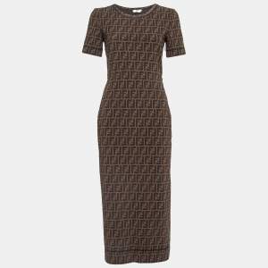 Pre Owned Fendi Brown Zucca Monogram Printed Mesh Midi Dress S