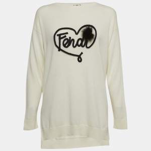 Fendi Off White Embroidered Knit Cashmere Sweater M