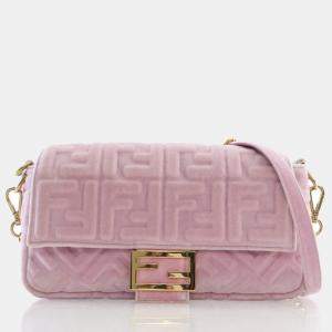 Fendi Rosa Confetti Velvet FF Embossed Baguette Shoulder Bags