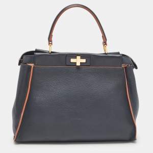 Fendi Navy Blue Leather Medium Peekaboo Top Handle Bag