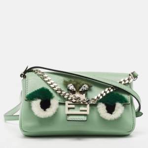 Pre Owned Fendi Green Leather and Fox Fur Micro Buggie Baguette Bag