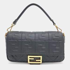 Fendi Black Embossed zucca Logo Leather Baguette XL Shoulder Bag