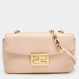 Pre Owned Fendi Peach Leather Mini Be Baguette Flap Shoulder Bag