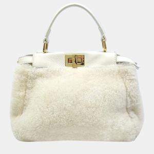 Fendi White Shearling Shiny Nappa Mini Peekaboo Iconic Satchel Bag