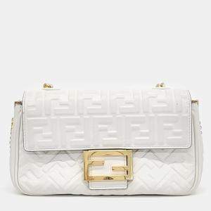 Fendi White Zucca Embossed Leather Baguette Bag 