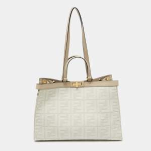 Pre Owned Fendi Beige Zucca Canvas and Leather Medium FF Peekaboo X Tote