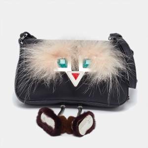 Pre Owned Fendi Black Leather and Fur Micro Monster Baguette Bag