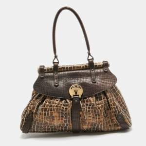 Fendi Metallic/Dark Brown Croc Effect Canvas Magic Satchel