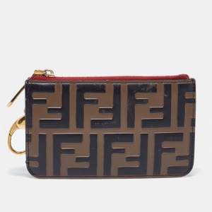 Pre Owned Fendi Zucca Brown/Red Leather Zip Card Case