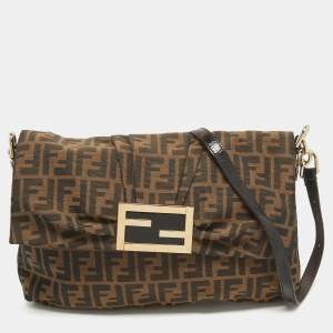 Fendi Brown Zucca Canvas and Patent Leather Mia Flap Shoulder Bag