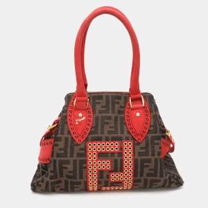 Pre Owned Fendi Brown/RedZucca Canvas and Nubuck Small Studded Chef De Jour Bag