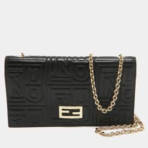 Pre Owned Fendi Black Embossed Leather Wallet On Chain