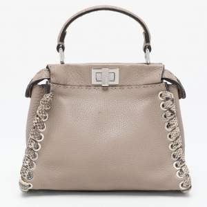 Fendi Beige Selleria Leather Mini Peekaboo Top Handle Bag 