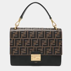 Pre Owned Fendi Black/Brown FF Embossed Leather Kan U Top Handle Bag