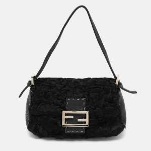 Pre Owned Fendi Black Fur and Leather Mama Baguette Shoulder Bag