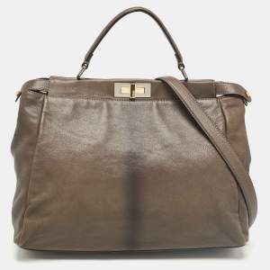 Fendi Grey Leather Large Peekaboo Top Handle Bag