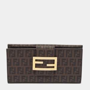 Fendi Dark Brown Zuchinno Coated Canvas Forever Flap Continental Wallet