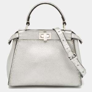 Fendi Silver Selleria Leather Mini Peekaboo Top Handle Bag