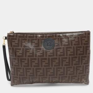 Fendi Brown FF Coated Canvas Large Zip Wristlet Clutch