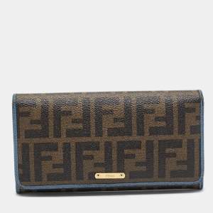 Pre Owned Fendi Brown/Blue Zucca Coated Canvas and Leather Flap Continental Wallet