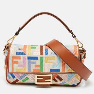Pre Owned Fendi Multicolor Canvas and Leather FF Embroidered Baguette Crossbody Bag