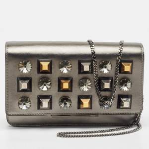 Fendi Metallic Dark Grey Leather Crystal Stud Tube Wallet On Chain