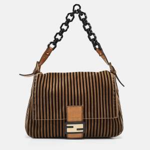 Fendi Brown/Black Stripe Velvet and Leather Mama Shoulder Bag