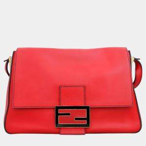 Fendi Red Leather Mamma Baguette Flap Shoulder Bag 