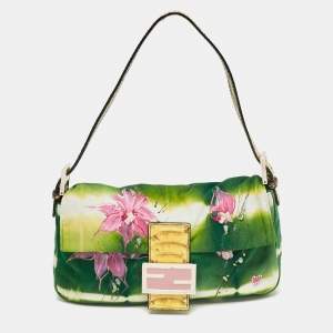 Pre Owned Fendi Multicolor Suede and Python Floral Embellished Baguette Bag