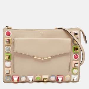 Pre Owned Fendi Beige Leather Rainbow Stud Crossbody Bag