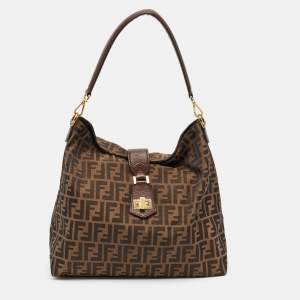 Pre Owned Fendi Tobacco Zucca Canvas and Leather Clasp Shoulder Bag